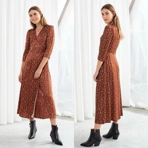 & Other Stories Tan Brown Dotted Casual Modest Feminine Satin Midi Wrap Dress